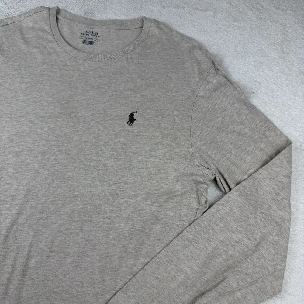Polo Ralph Lauren Mens Long Sleeve T-Shirt‎ Oatmeal Beige Heather Cotton Pony M